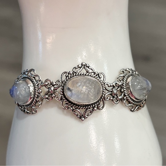 Rainbow Moonstone Trilogy Sterling Silver Hinged BOLO Bracelet - Picture 2 of 15
